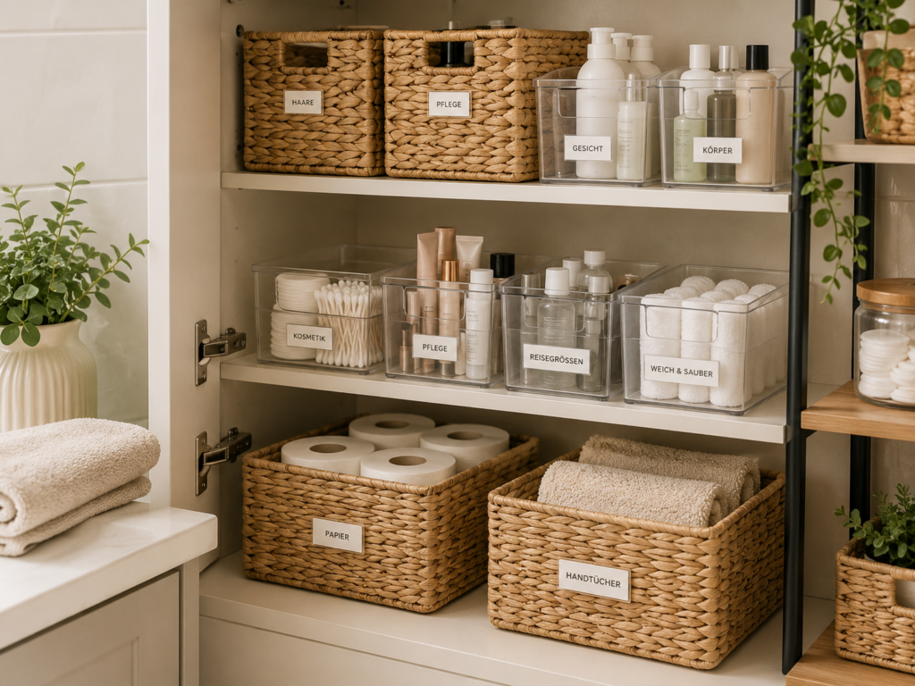 Organisierter Badezimmerschrank mit Aufbewahrungsboxen und Körben