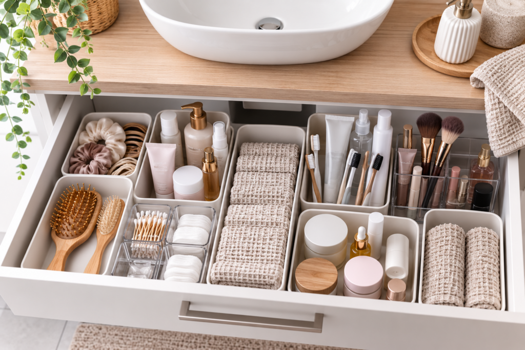 Badezimmer organisieren mit Schubladen Organizern für Kosmetik und Pflegeprodukte