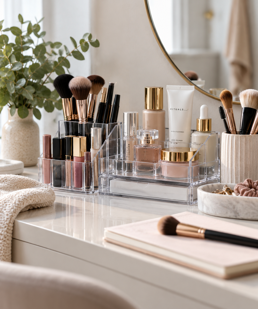 Kosmetik organisieren mit übersichtlich aufbewahrtem Make-up und Pflegeprodukten