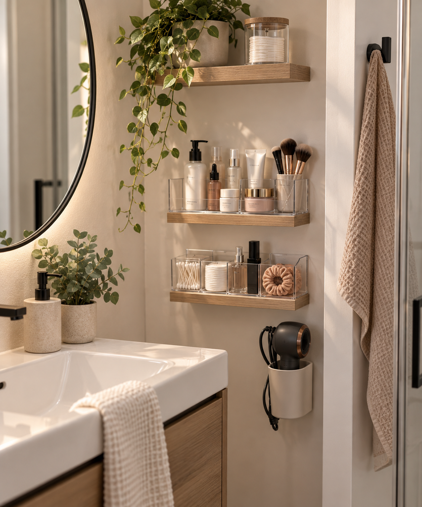 Kosmetik platzsparend auf Wandregalen im kleinen Badezimmer organisieren