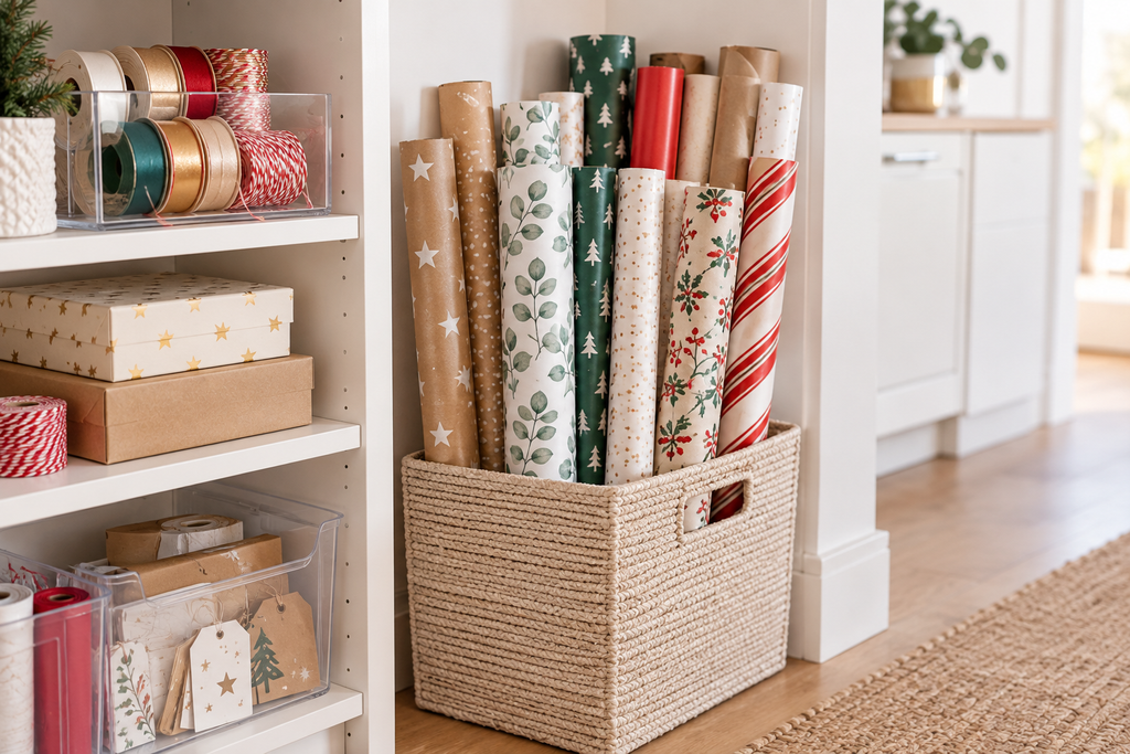 Geschenkpapier aufbewahren – Geschenkpapierrollen stehend in einem Korb
