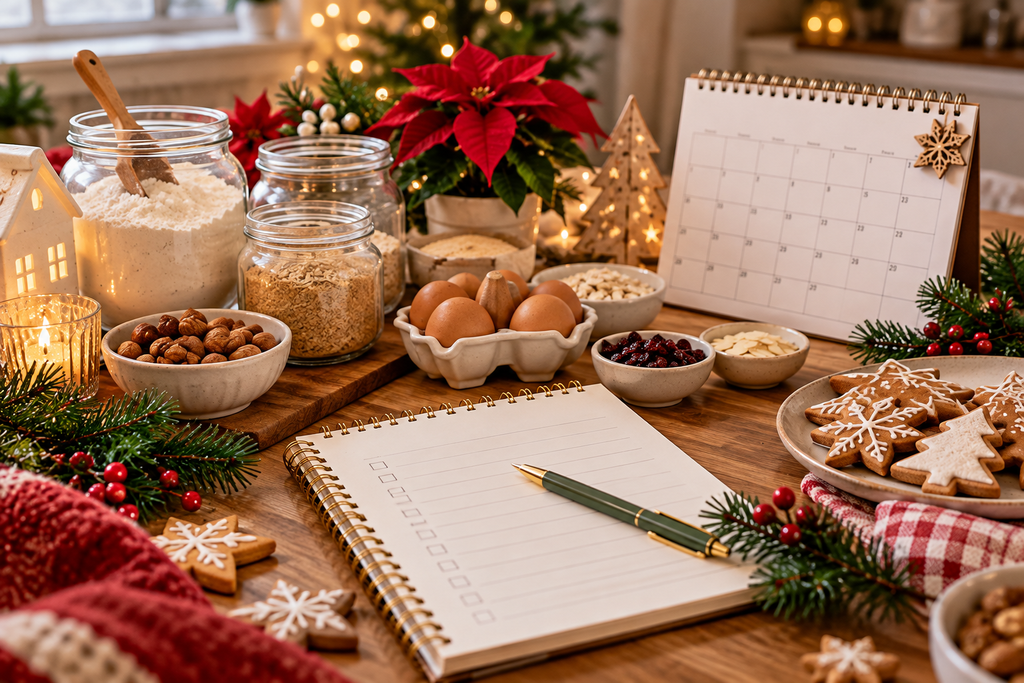 Weihnachtseinkäufe planen mit Einkaufsliste, Kalender und übersichtlich bereitgestellten Backzutaten