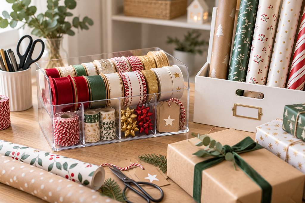Geschenkbänder und Verpackungszubehör übersichtlich aufbewahren