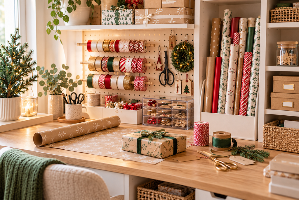Geschenkstation mit Geschenkpapier und Verpackungszubehör organisieren