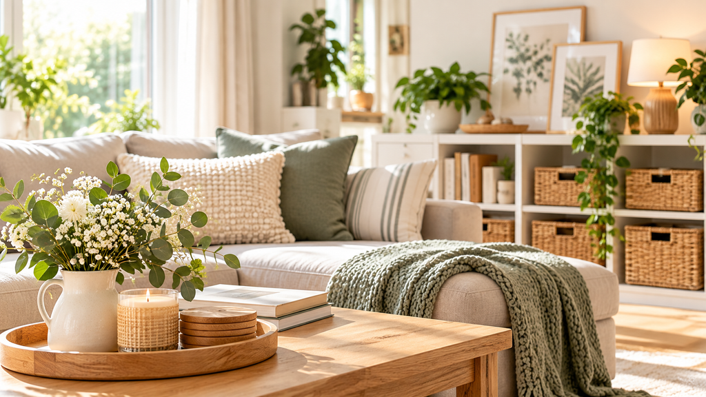 Helles, ordentliches Wohnzimmer mit Aufbewahrungskörben, gemütlichem Sofa und praktischen Ordnungslösungen