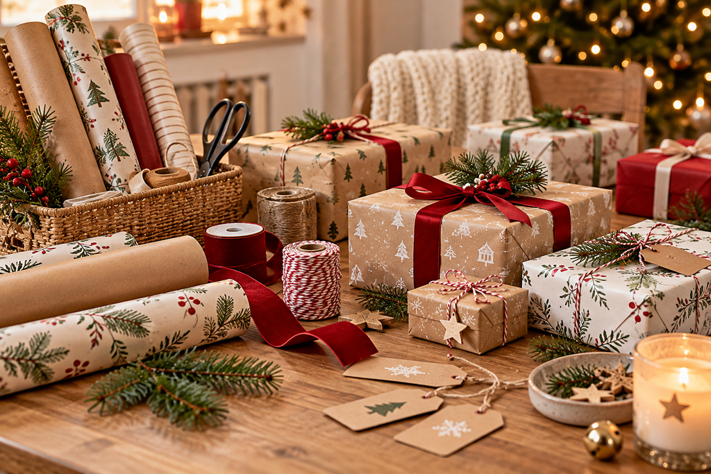 Geschenkpapier, Geschenkbänder und verpackte Weihnachtsgeschenke ordentlich auf einem Tisch vorbereitet
